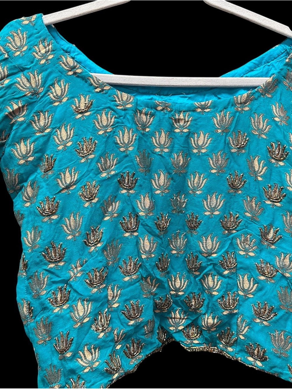 Turquoise Embroidered saari blouse Top with glass beads Lotus Motif